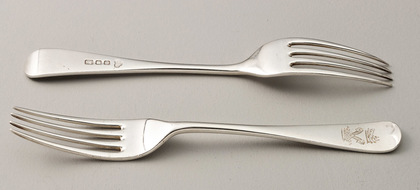 Old English Pattern Sterling Silver Dessert Forks (Set of 4) - Newton Family Crest, Dunleckney, County Carlow 